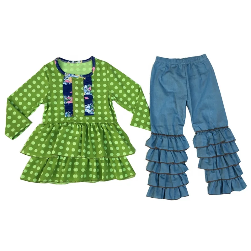 

RTS Wholesale Fancy Girls Fall long sleeve Clothes Baby Girls Two Pieces kids jeans with ruffle icing pants boutique Outfits, Pink,green,yellow,white etc as your requirenment