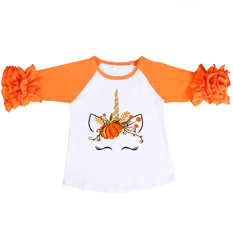

Wholesale Girls Cheap clothing Unicorn Pumpkin printed Kids Ruffle Raglan Shirts, accept modifying washing label only, As pictures show