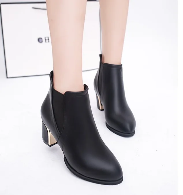 

Lady fashion heel shoes women leather ankle boots 911, Black