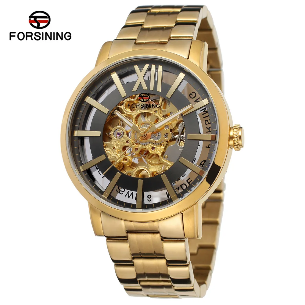 

horloge Forsinging al por mayor reloj stainless steel case strap gold and silver skeleton automatic man wrist watches