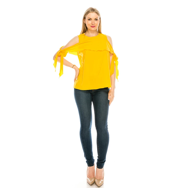 

new arrival summer casual women clothing cold shoulder yellow blouse ruffles sleeve bandage latest chiffon tops, Yellow;any colors is available