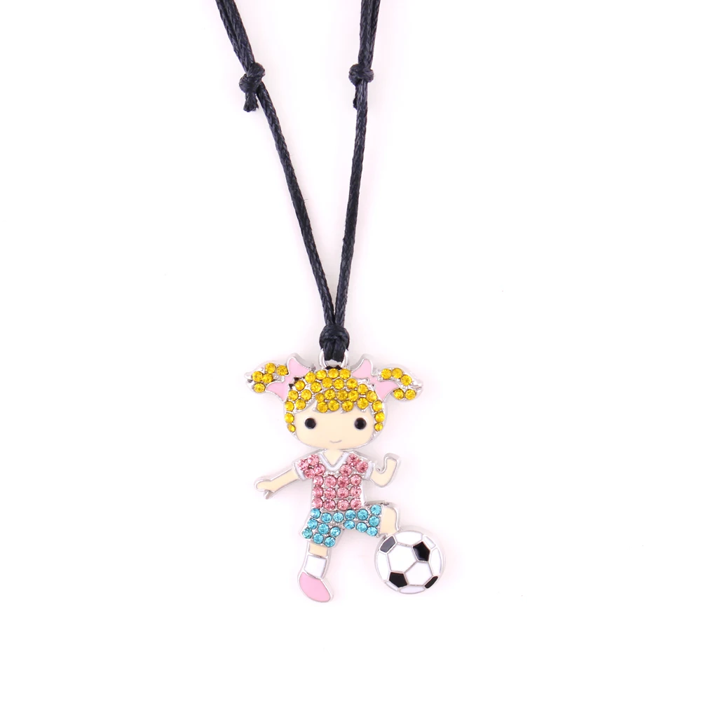 

N336 Fashion Colourful Crystal Sports Necklace Football Girl Charm Cartoon Girl Adjustable Wax Rope Women's Jewelry, As picture