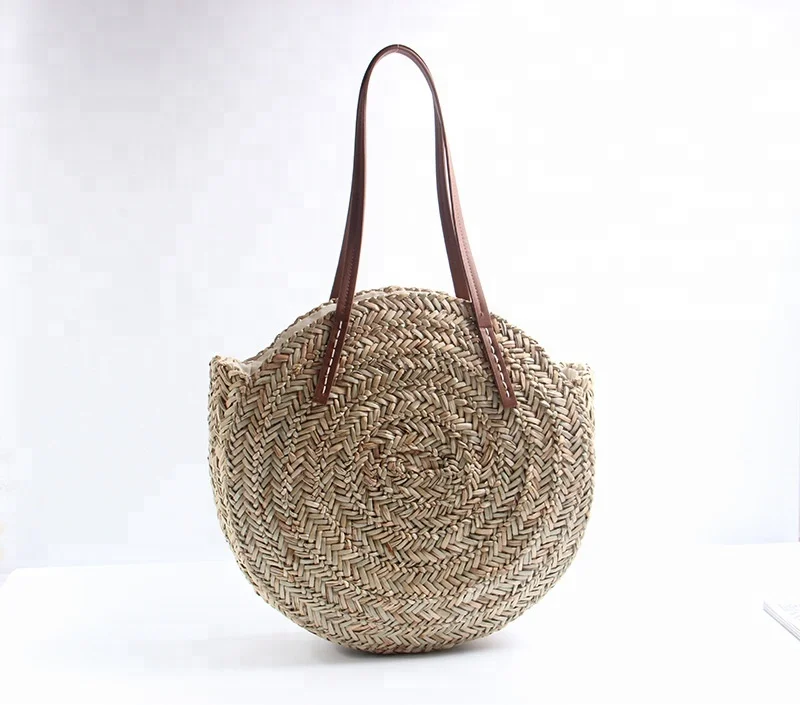 

Round Shape Circle Natural Straw Seagrass Bag PU Handle Shoulder Bag for Ladies