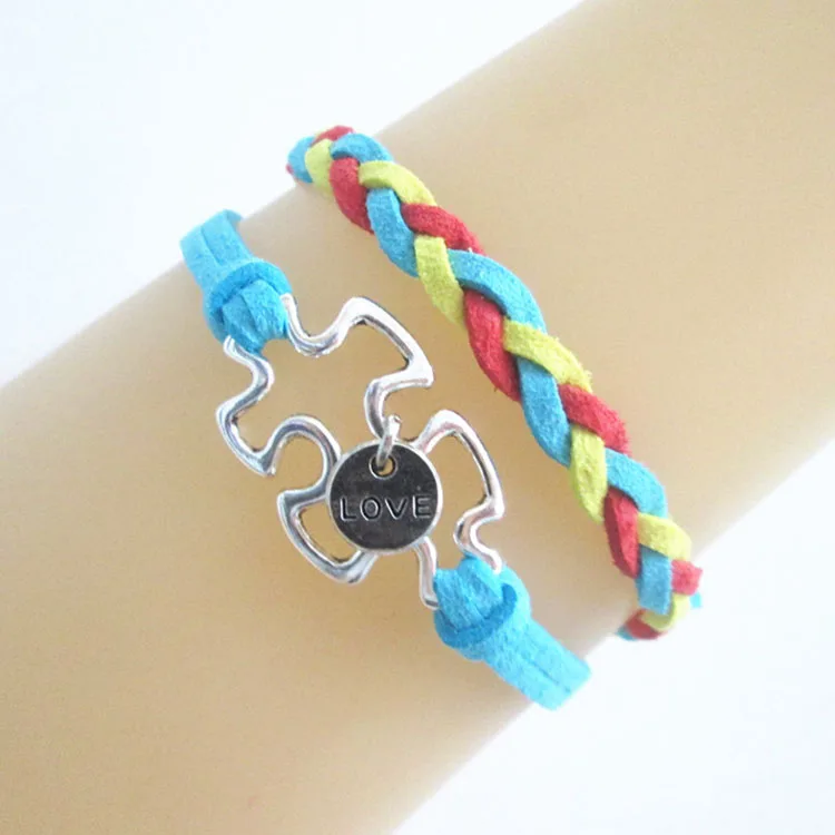 

Trendy Autism Awareness Charms Leather Braided Wrap Bracelet Autism Puzzle Bracelet Handmade Jewelry