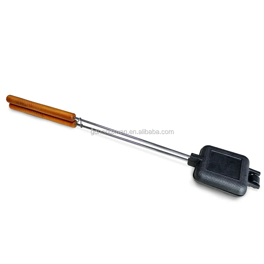 Heavy Duty Cast Iron Square Pie Iron Grill Sandwich Maker Long Extended Wood Handle For Camping