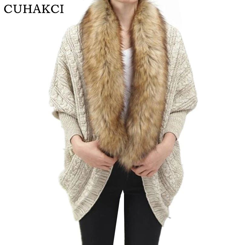 

CUHAKCI Fashion Women Faux Fur Collar Coat Batwing Sleeve Loose Casual Warm Cardigan Shawl Sweater Spring Autumn Cardigans