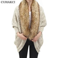 

CUHAKCI Fashion Women Faux Fur Collar Coat Batwing Sleeve Loose Casual Warm Cardigan Shawl Sweater 2018 Spring Autumn Cardigans