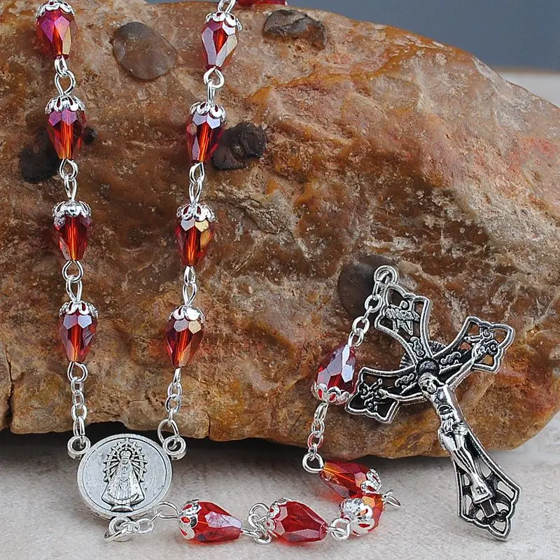 

Religious dropped crystal beads rosary necklace with Argentina Virgin Mary Center Piece, Red