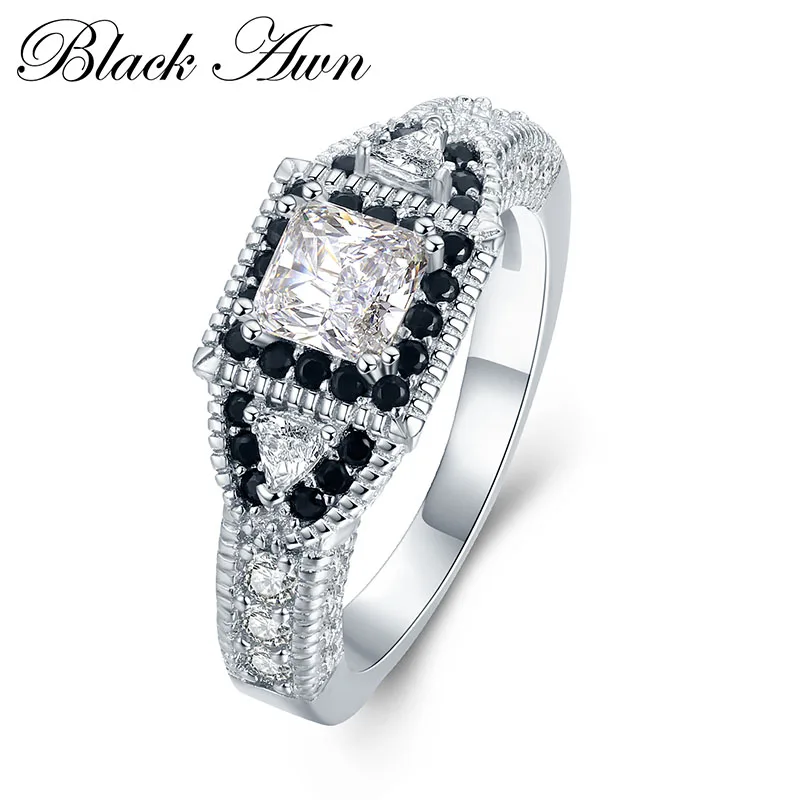 

[BLACK AWN] 5g 925 Sterling Silver Jewelry Trendy Engagement Rings for Women Black&White Stone Wedding Ring C412