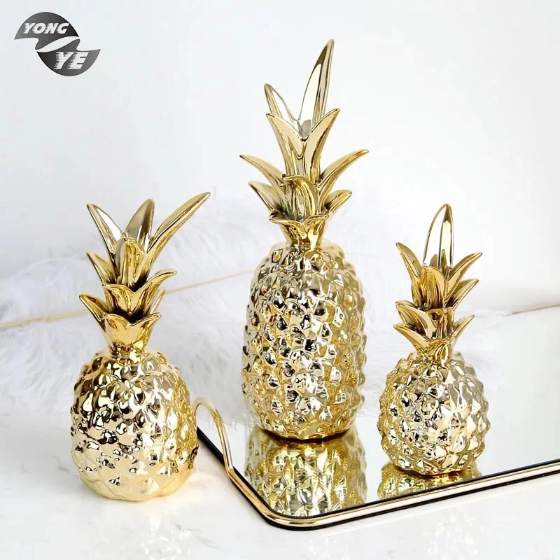 

Golden european modern home decoration vivid pineapple shape plating ceramic statue