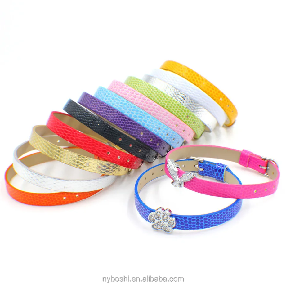 

Wholesale PU Wristband Snake skin Bracelet DIY Accessories 21cm length /8mm wide fit 8mm slider letter charms, Colorful