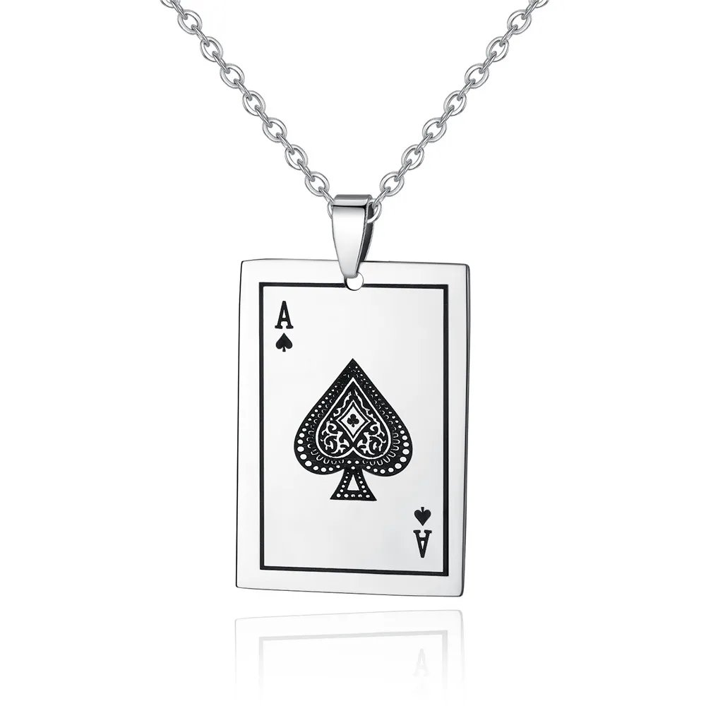 

2017 New Fashion Jewelry for Mens Playing Cards Spades A Pendant 316L Stainless Steel Men's Necklace 55cm Chain