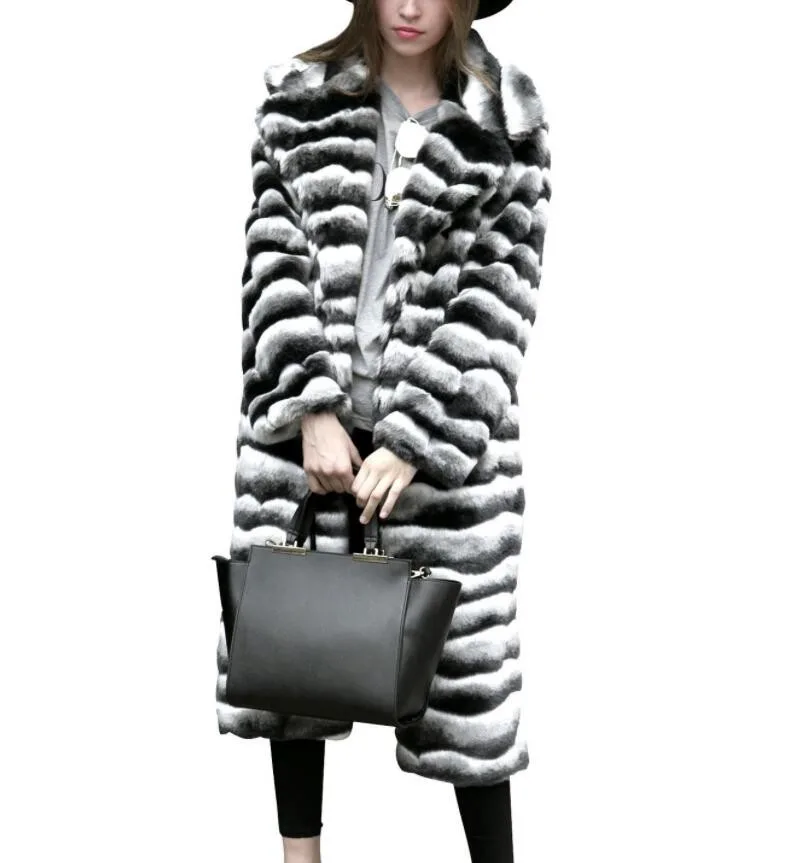 

Elegant Women's Winter Sale Long Plush Lapel Coat, Black and white