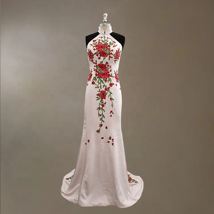 

Womens Long Mermaid Evening Dress Beautiful Floral Embroidery Prom Dresses High Neck Cheongsam 2019, As image or custom made