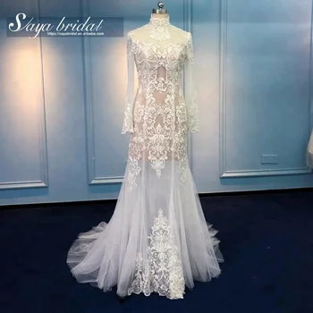 Cheap Bridal Gown See Through Long Sleeve Lace Princess Muslim