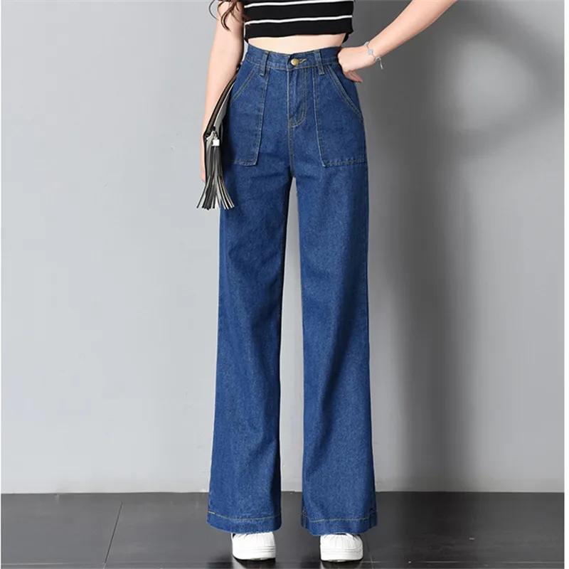 

New style large pocket straight high waist wide leg pants women jeans, Picture