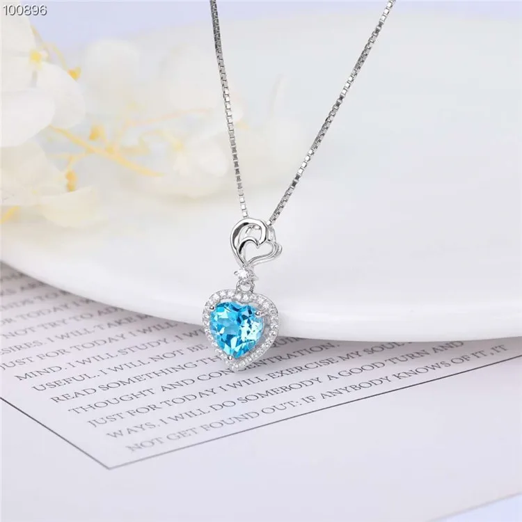 

trendy elegant gemstone jewelry wholesale 925 sterling silver 8mm natural pink topaz necklace pendant for women, Blue