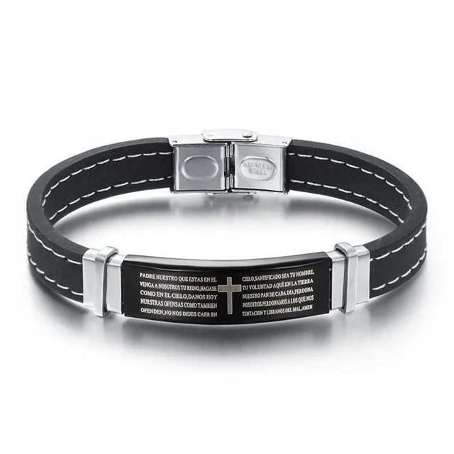 

Free Shipping 316L Stainless Steel Spanish Cross Bible Scripture Bracelet, Black