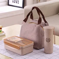 

Wheat Straw Plastic Bento Lunch Box Water Bottle Set with Bag Tableware Cutlery Leakproof Microwave Food Container for Kid Adult