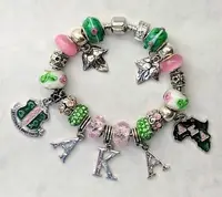 

Alpha Kap Alpha Silver Charm Bracelet AKA Sorority Jewelry Green & Pink