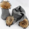 Women Wholesale Warm Soft 13cm 15cm 18cm Real Raccoon Fur Pompom Wool Blend Knit Beanie Hat and Scarf Set