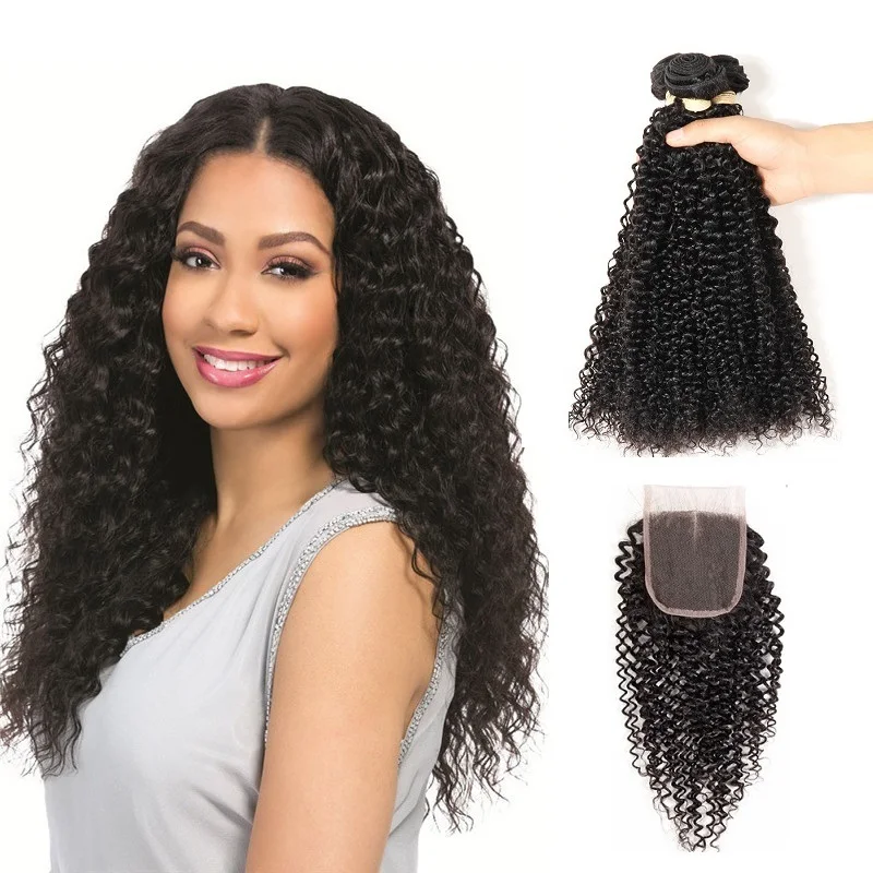 

Kinky Curly Bundles With Closure Non Remy Human Hair Bundles With Closure Brazilian Hair Weave Bundles With Closure