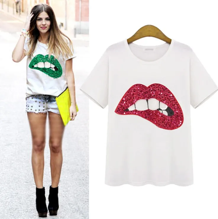 Summer Short Sleeve Loose Red Lips T-shirts Women Casual Blouse Tops Shirt