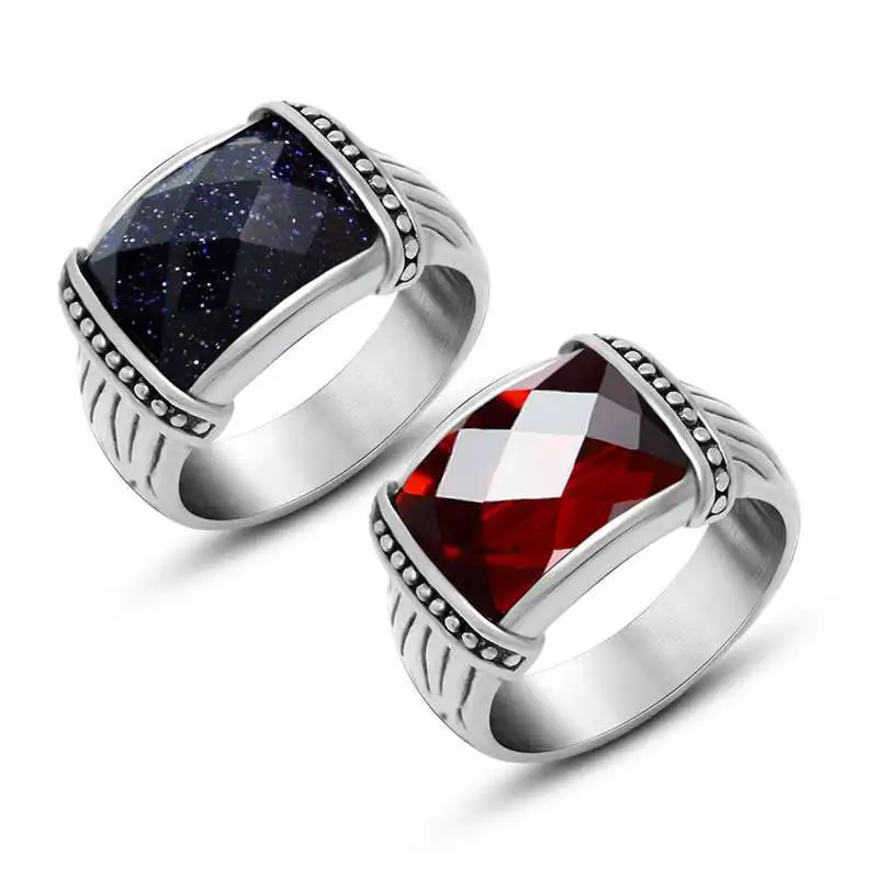 

Silver Man Ring Square red and blue Stone crystal Ring Designs for Men Saudi Arabia s925 Silver Rings