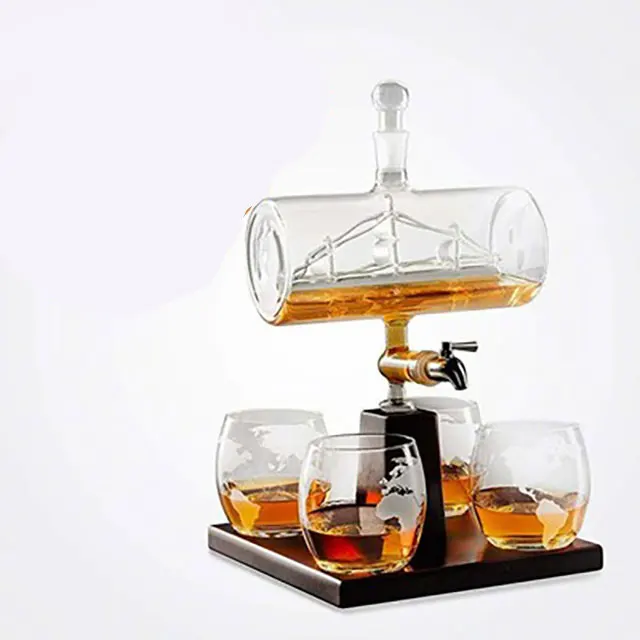 
Creative Decanter with Antique Ship and 4 World Map Glasses 