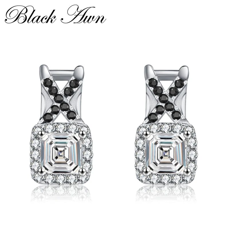 

[BLACK AWN] Genuine 925 Sterling Silver Jewelry Black&White Stone Engagement Stud Earrings for Women T042