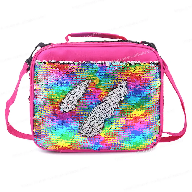 

Cute Kids Reversible Sequin Cooler Bag with Shoulder Strap Soft Bag Insulated Thermal Meal Tote Reusable Lunch Bag, Hot pink/purple/rainbow/ pink white