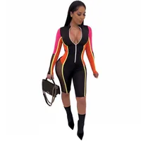 

Color Patchwork Sheer Mesh Bandage Jumpsuit Women Sexy Zipper V Neck Long Sleeve Shorts Romper Night Club Playsuits Y11132