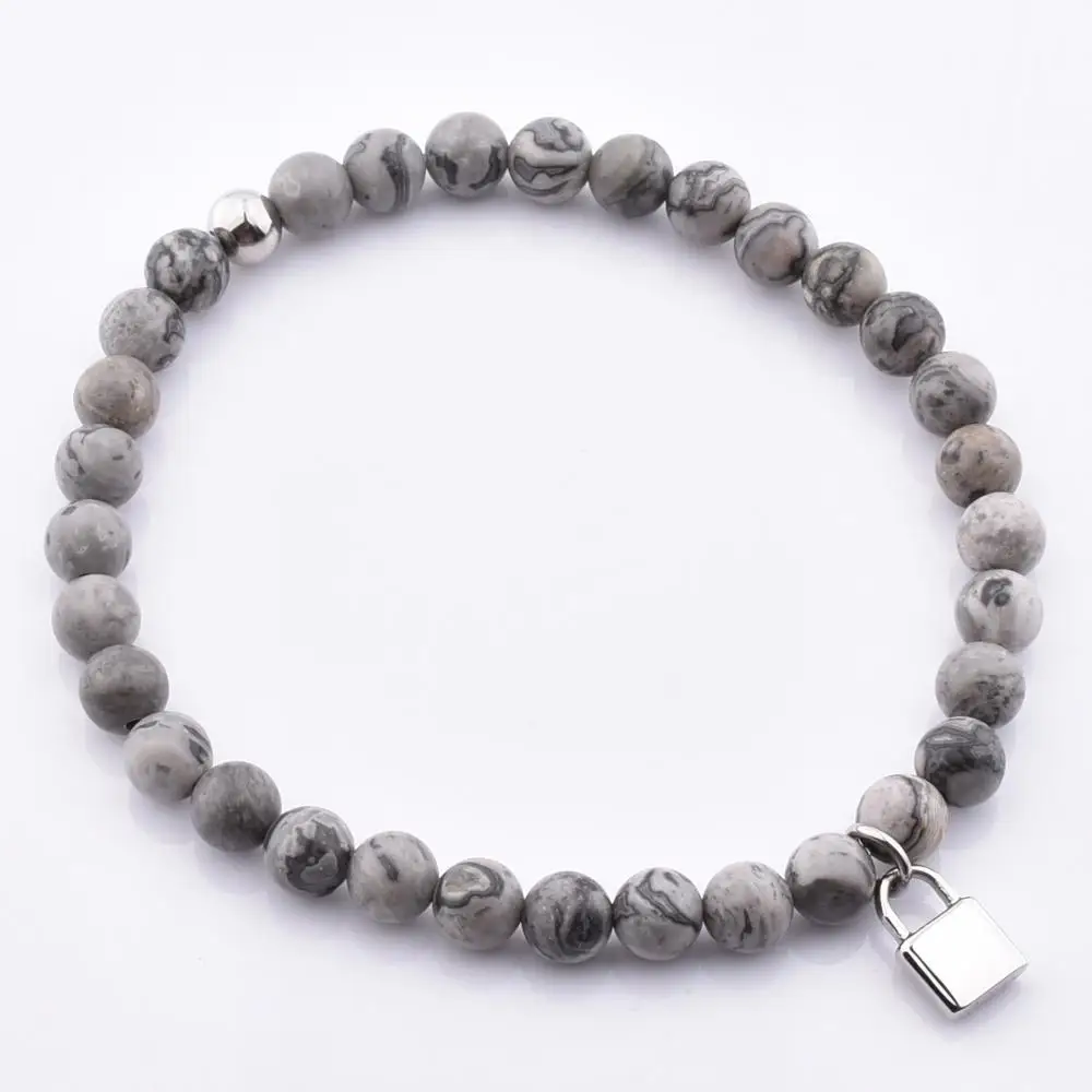 

2020 Trendy High Quality Genuine Grey Jasper 6Mm Stone Lock Charm Bracelet