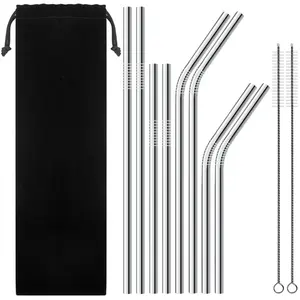 Image of Set of 8 Stainless Steel Straws for 30oz 20oz Tumblers Cups Mugs, Metal Drinking Straw with Cleaning Brush