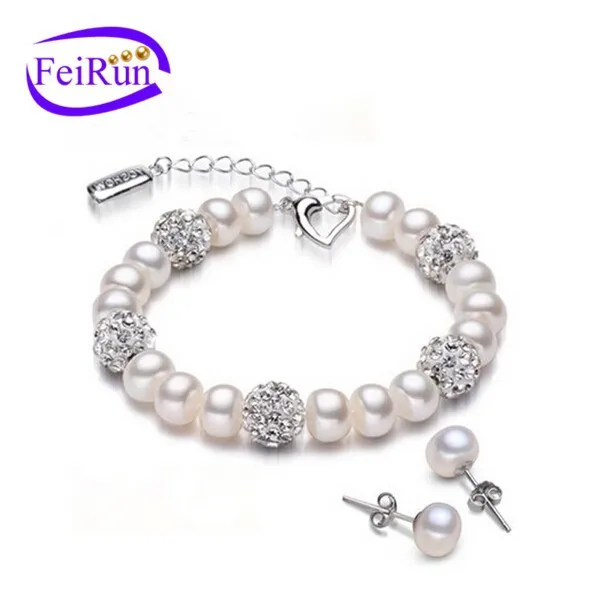 

elegant 7mm AAA button natural Freshwater bracelet and earring set