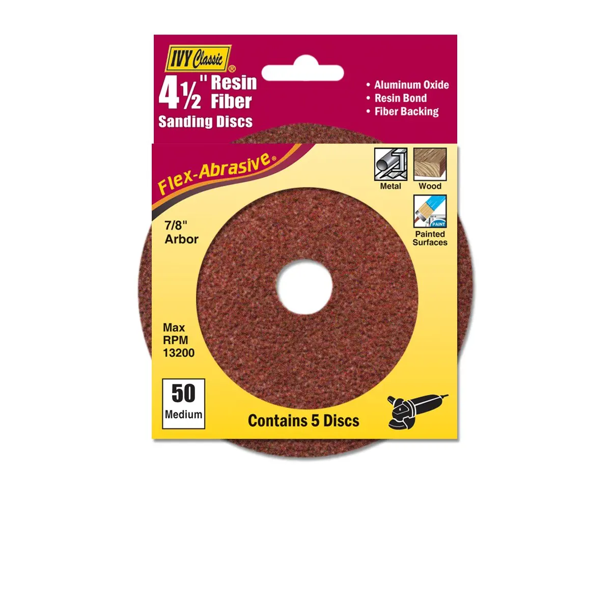 IVY Classic 42308 Flex-Abrasive 4-1/2-Inch x 7/8-Inch 50 Grit Medium Resin Fiber Disc, 5/Card