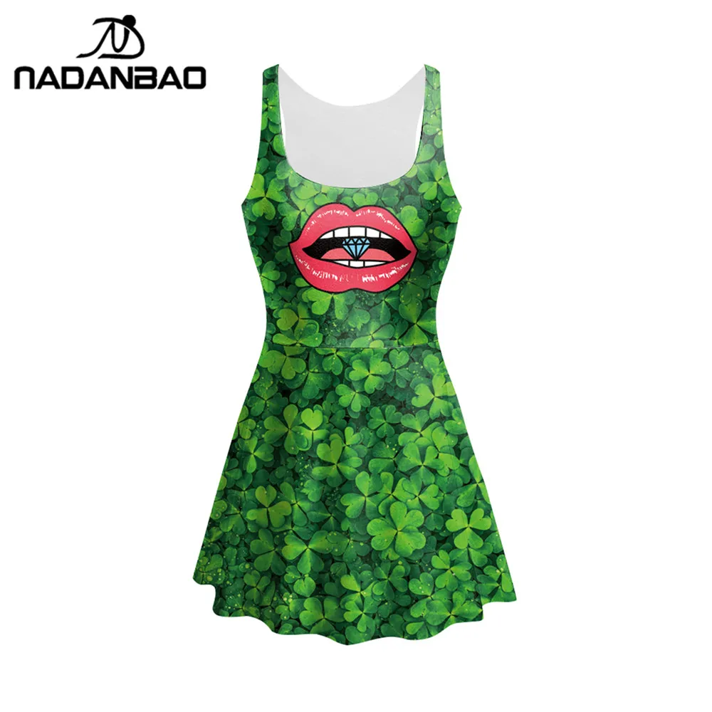 

NADANBAONew Arrivals CLOVER Kiss Design 3D Printed Slim Dress Women Sexy O-Neck Tank Four Leaf Clover dark green sexy dresses, N/a