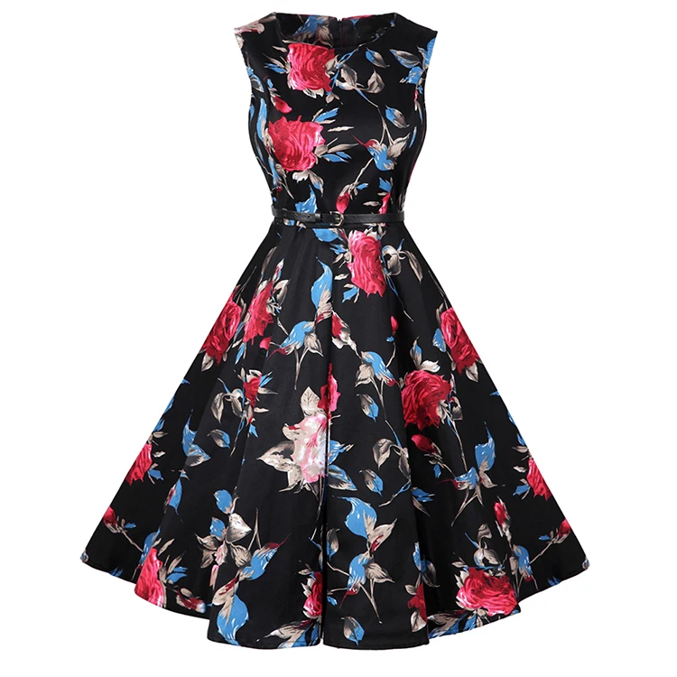 

USA Warehouse Delivery Women Floral Summer Dresses Black Sleeveless Retro 50s Plus Size Vintage Tunic, As picture