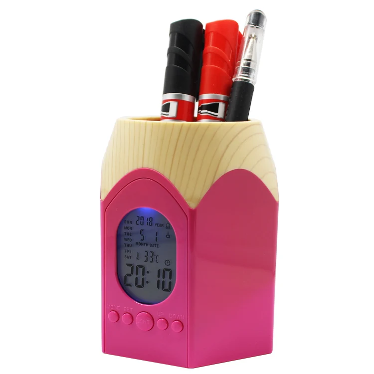 Wood Grain Pencil Shape Perpetual Calendar Office Digital Pen Holder Alarm Clock