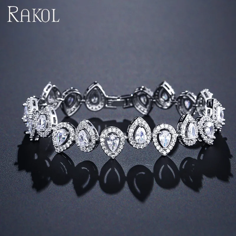 

RAKOL fashion inlay crystal zircon silver Color copper bracelet for women jewelry B2033, As picture