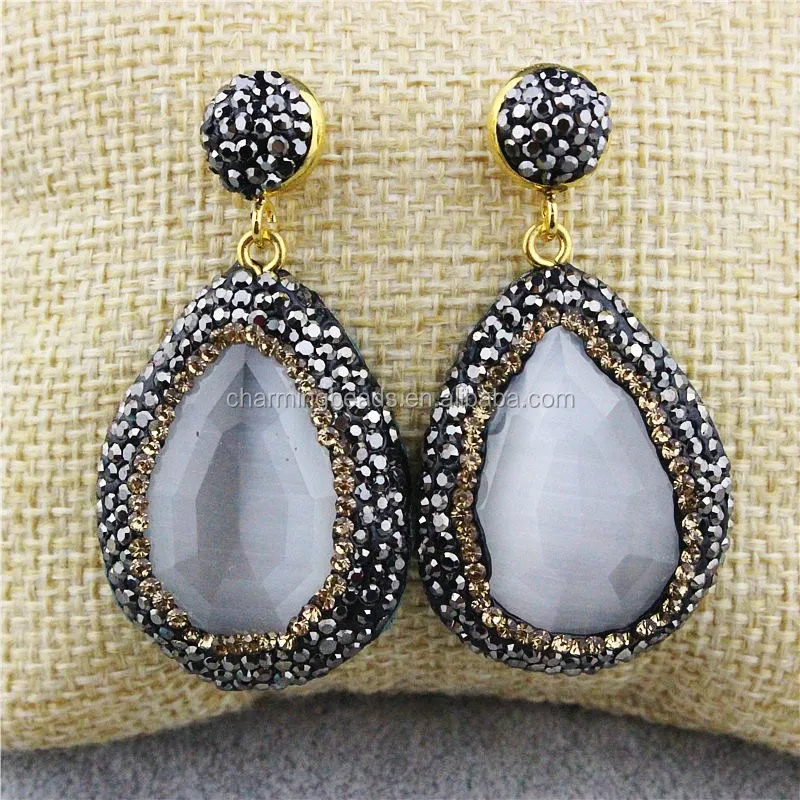 CH-MAE0137 Wholesale pave diamond jewelry stone earring,fashion silver plated rhinestone agate earring,hot sale charms earrings