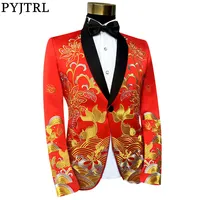 

Male Shawl Lapel Chinese Style Embroidered Slim Fit Blazer Design Red Black Singer Stage Costume Blazer For Men Regular