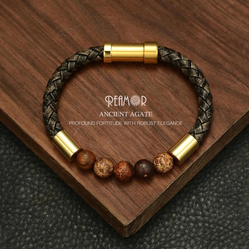 

REAMOR 2019 Men Black Agate Natural Stone Bracelet Gold 316L Stainless Steel Embedded Clasp Bangle Jewelry Leather Bracelet