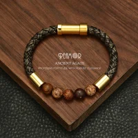 

REAMOR 2019 Men Black Agate Natural Stone Bracelet Gold 316L Stainless Steel Clasp Bangle Jewelry Leather Bracelet for Men