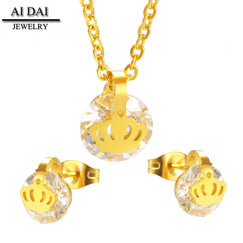 

Stainless Steel Gold Plated Crown Zircon Necklace Earrings Jewelry Set Women