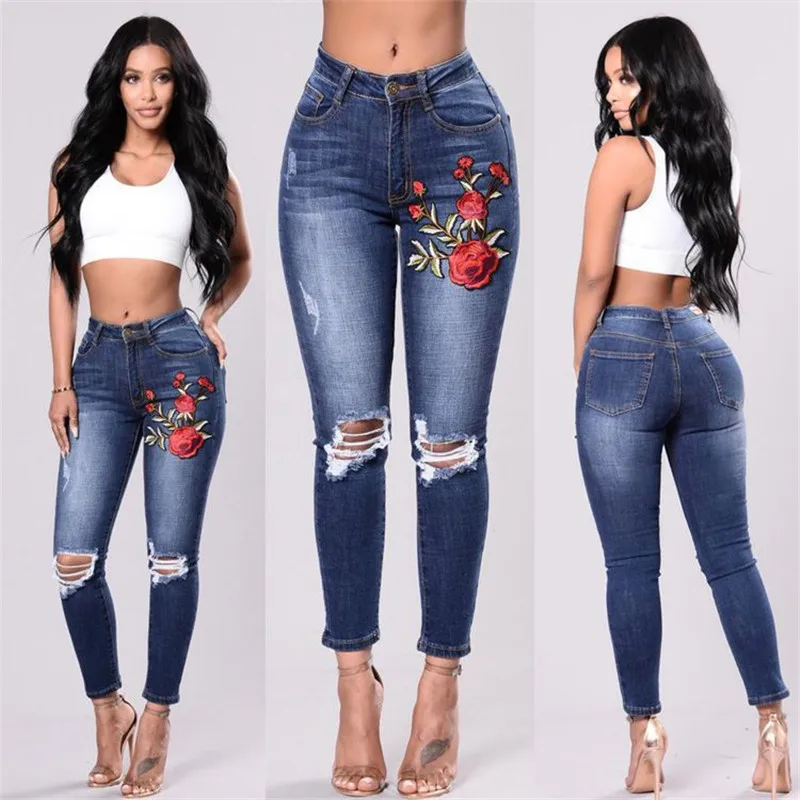 

wholesale fashion girls high elastic knee brokend jeans embroidered red flower slim long jean pants, N/a