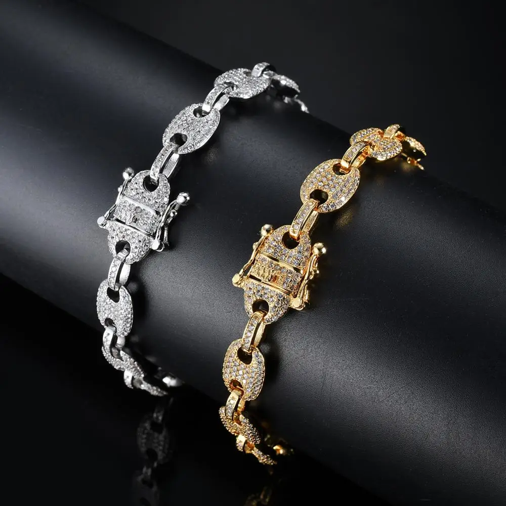 

9mm 7inch 8inch Brass / Copper Iced Out Zirconia Bracelet Bling Chain Bracelet for men Jewelry CZ Cuban Chain hip hop B010