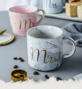 HT300014 Luxury Marble Ceramic Mugs Gold Plating MRS MR Couple Lover's Gift