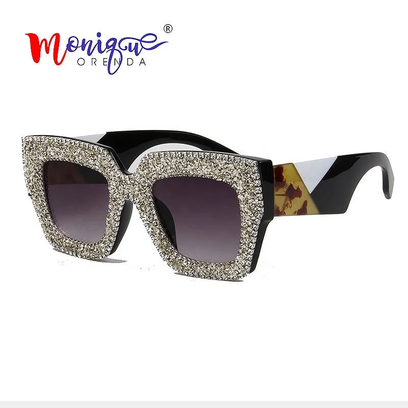 

2019 Cat Eye Sunglasses Women Luxury Thick Frame Small Gravel Rhinestone Sun Glasses Color Stitching Legs Vintage Shades Oculos, Black;white