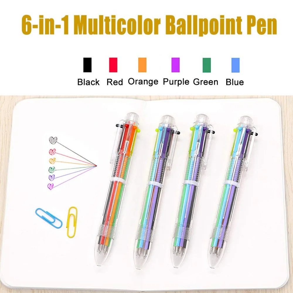 50 Pack Multicolor Ballpoint Fun Pens 0.5mm 6-in-1 Rainbow